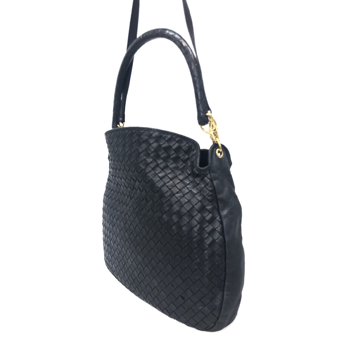 Bottega Veneta Leather Black Hobo Shoulder Bag Woven Intrecciato